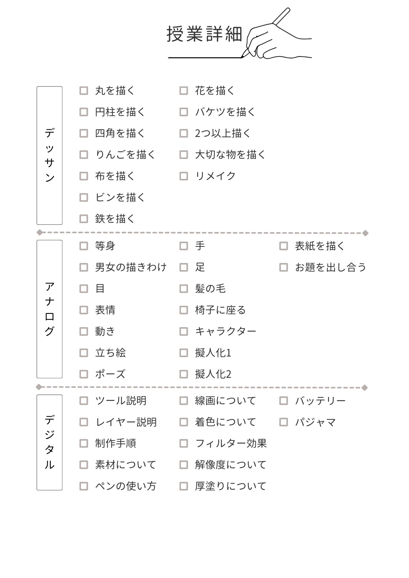 授業詳細、デッサン、デジタル、アナログ